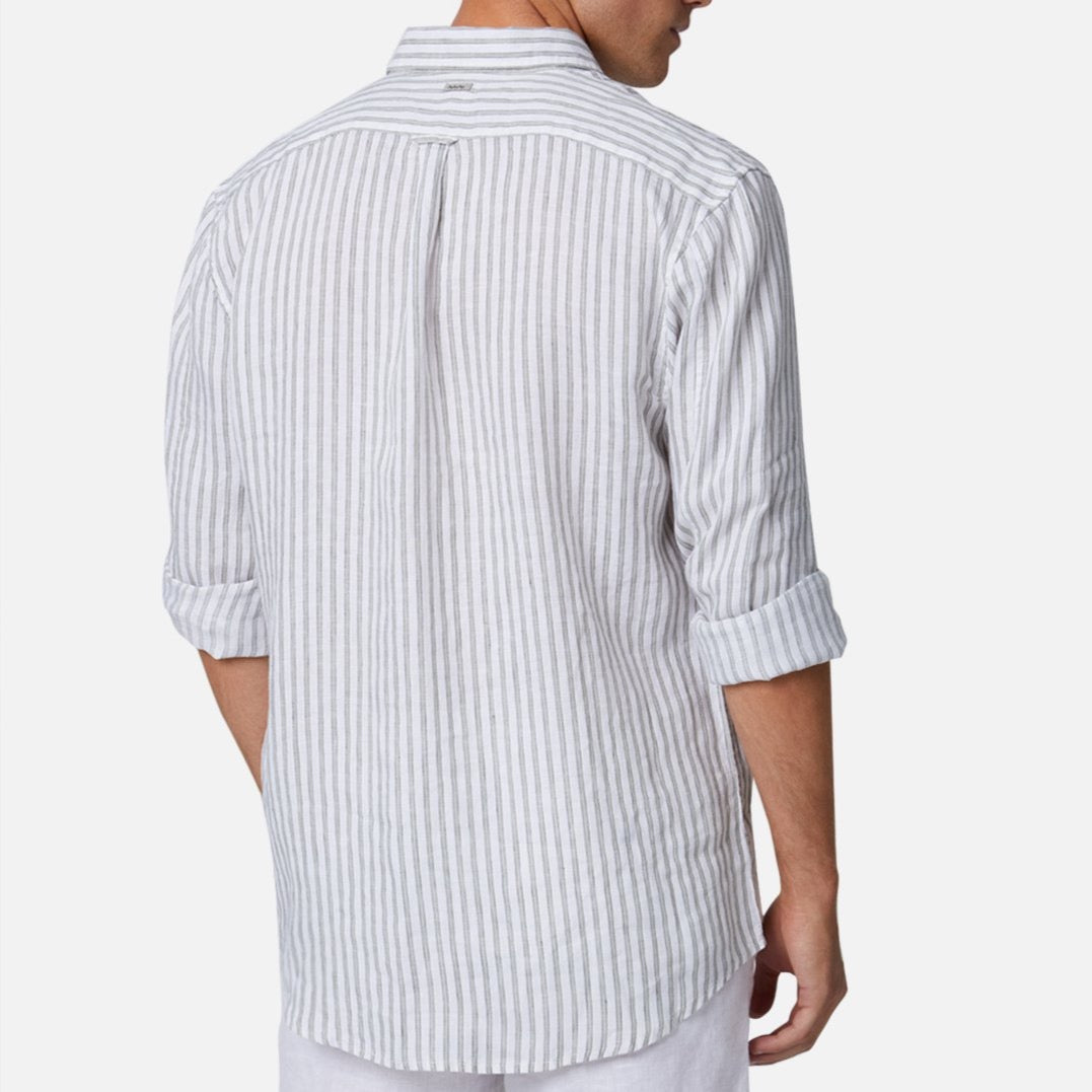 A person is shown from the back wearing the Industrie The Touville L/S Shirt—a long-sleeve, light-colored linen shirt with vertical stripes and rolled-up sleeves. This casual piece features a relaxed fit and a center-back pleat on the yoke.