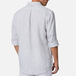 A person is shown from the back wearing the Industrie The Touville L/S Shirt—a long-sleeve, light-colored linen shirt with vertical stripes and rolled-up sleeves. This casual piece features a relaxed fit and a center-back pleat on the yoke.