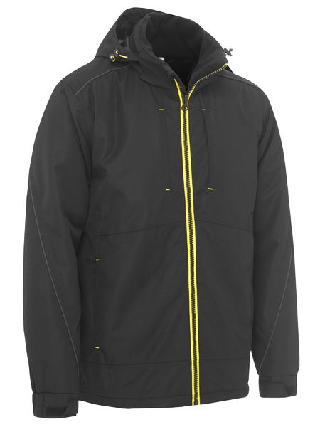 The Bisley Heavy Duty Dobby Jacket features a high collar, a black design with a bright yellow front zipper, yellow accents on zippers and seams, and two side pockets. Crafted from weather-resistant polyester dobby fabric, this jacket is an excellent waterproof option for outdoor use.