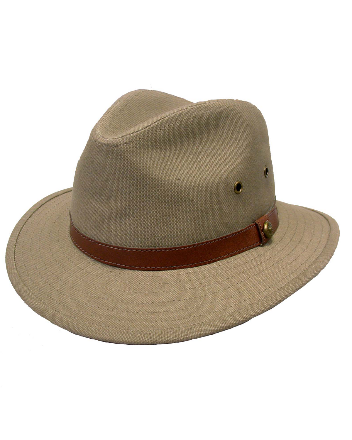 Introducing the Avenel Blocked Canvas Hat: a comfortable safari hat in beige, featuring a wide brim and a stylish brown leather band. Crafted from high-quality cotton, this casual hat includes two small ventilation holes on the side for added breathability and is elegantly displayed against a plain white background.