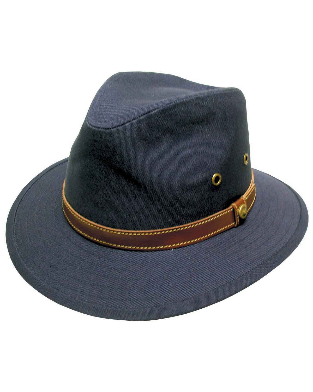 The Avenel Blocked Canvas Hat is a comfortable dark blue fedora hat with a wide brim and a brown leather band around the base. The band is detailed with stitching and adorned with small round gold-colored buttons on the side. Made from cotton, this casual hat features ventilation eyelets on both sides for added breathability.