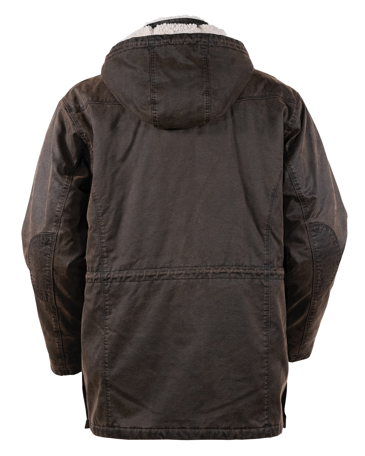 A back view of the Outback Nolan Jacket reveals its dark brown color and distressed look. This comfortable winter jacket features visible stitching seams and a hood lined with light-colored, soft shearling material. Its rugged design suggests both warmth and coziness, making it perfect for chilly days.
