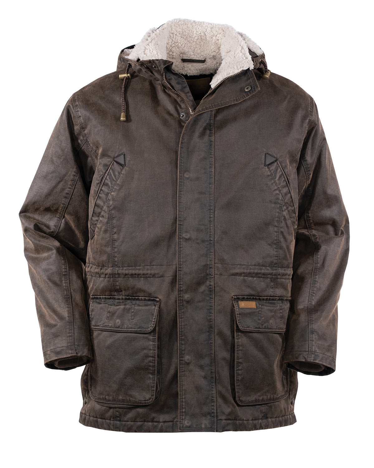 A brown Outback Nolan Jacket with a front zipper and button closure. It features a hood with a fleece lining, two large front pockets with flaps, and diagonal chest pockets. The water-resistant jacket has a rugged, weathered appearance, perfect for braving the elements.