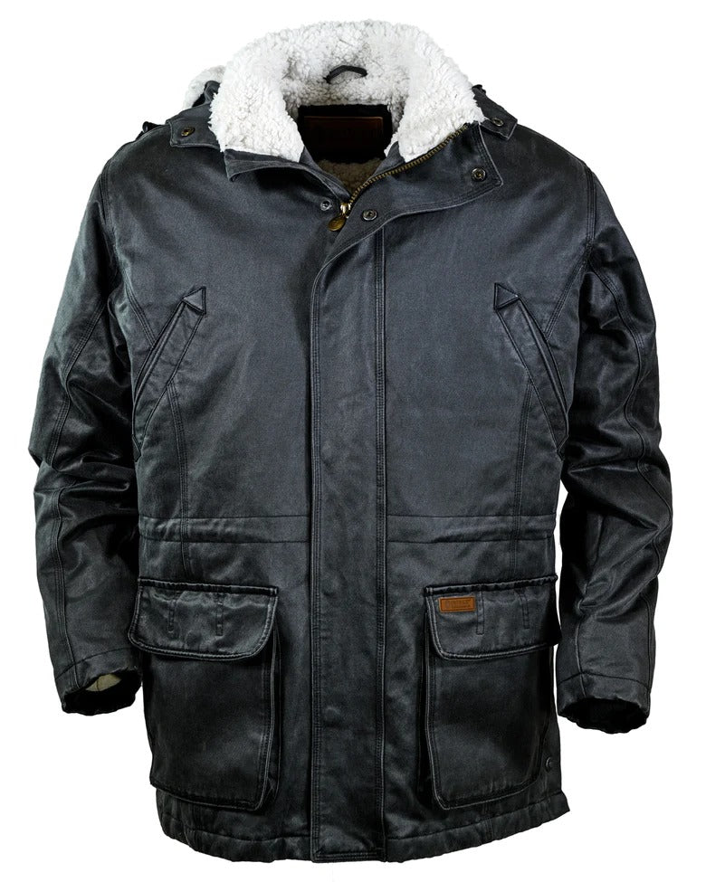 The Outback Nolan Jacket is a dark grey, heavy-duty outerwear piece featuring a white fleece-lined hood and collar. This comfortable jacket includes a front zipper, button closures, and four front pockets with flaps. Its rugged, water-resistant exterior makes it ideal for tough conditions. The jacket is showcased against a white background.