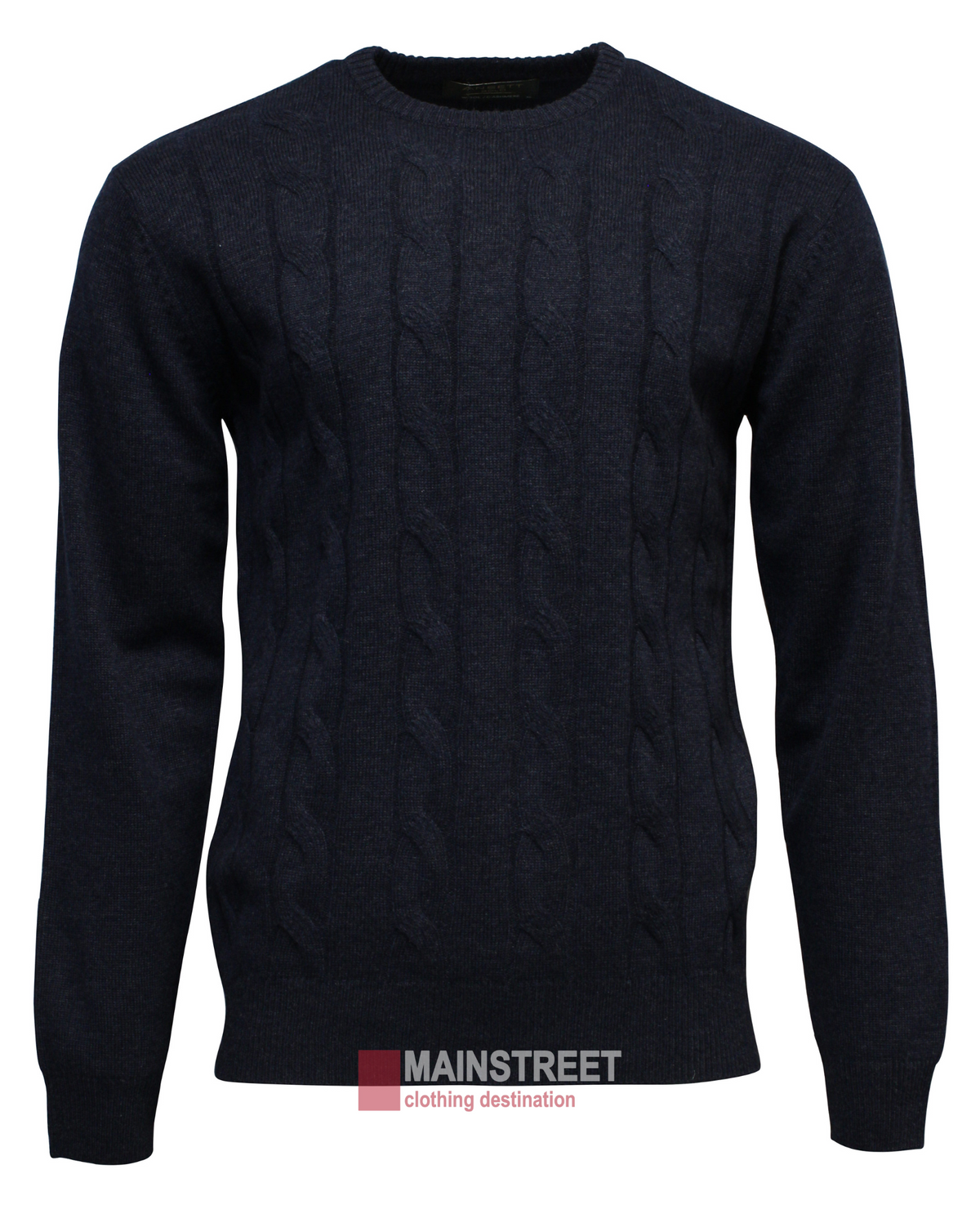 The Ansett Gold Luxury Wool Cashmere Cable Crew Neck in dark navy features long sleeves and a cable-knit design, shown on a plain white background. The Mainstreet Clothing Destination logo appears at the bottom.