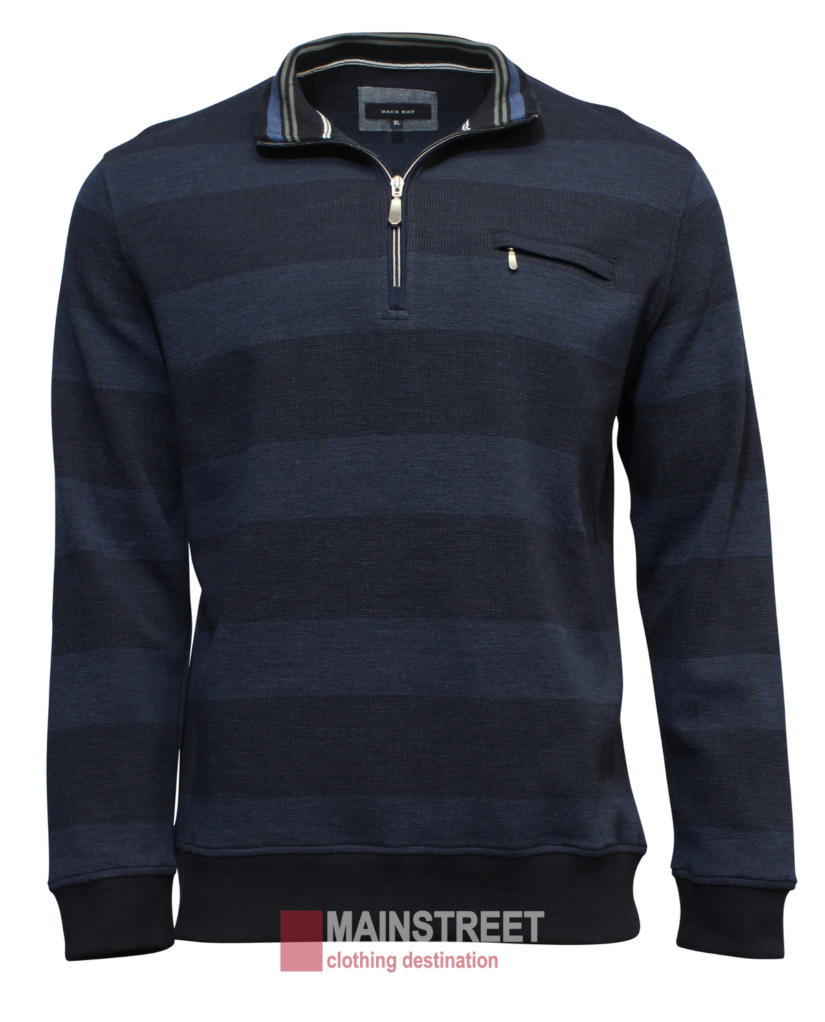 The Back Bay Block Stripe Birdseye Fleece is a dark blue, long-sleeved casual jumper with a half-zip neckline and a small zippered chest pocket.