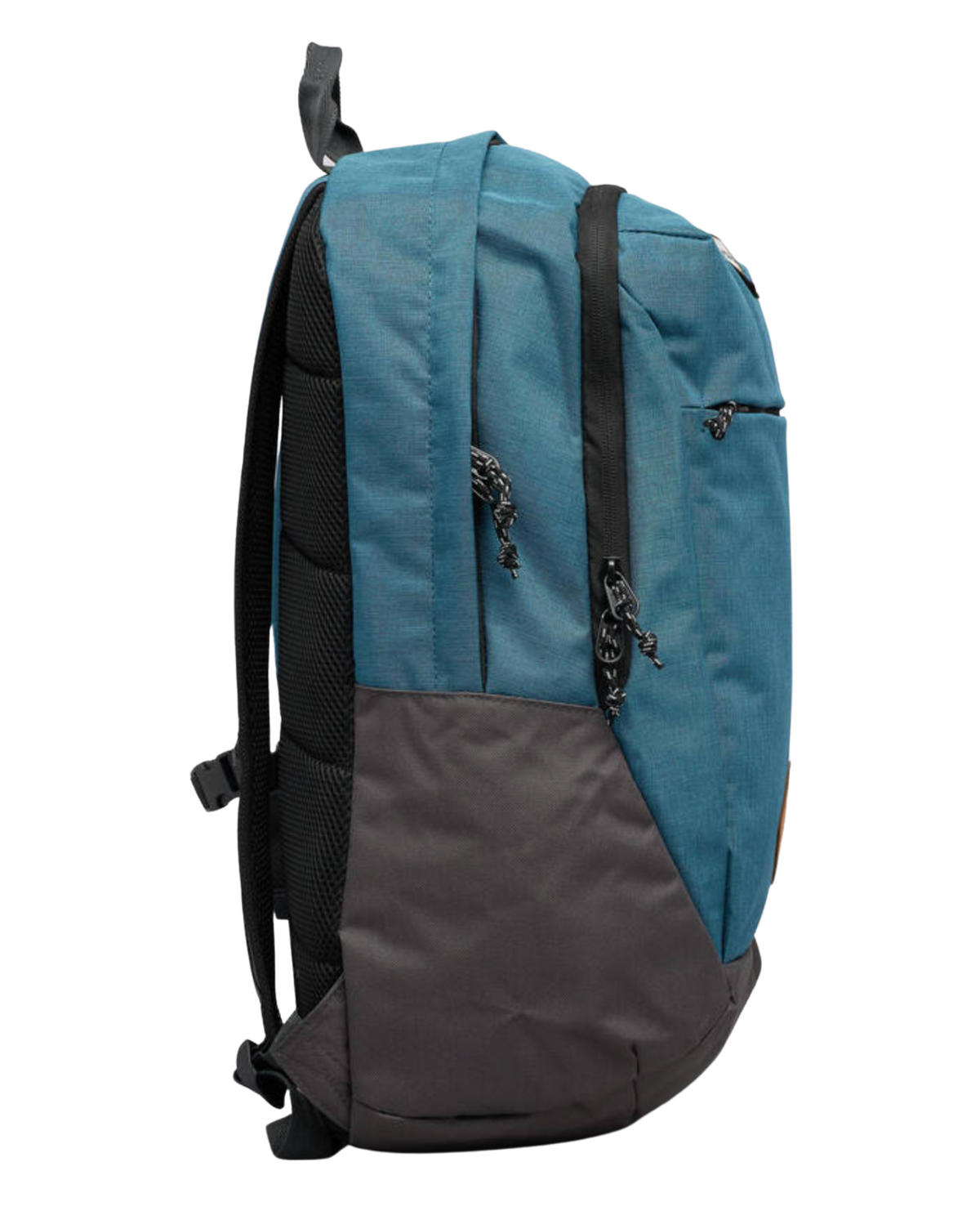 Side view of the Rip Curl Overtime 30L Driven Backpack in blue with black accents. Made from recycled polyester, it includes adjustable shoulder straps, a zippered side pocket, and dark gray bottom. Black pull cords on the zippers give it style, and it's compatible with laptops.