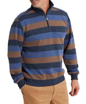 A man is wearing the Breakaway Jep French Rib Half Zip pullover with blue and brown stripes, featuring a rib-knit half-zip collar. One hand rests in his pocket, making a perfect match with beige pants. His face remains out of view.