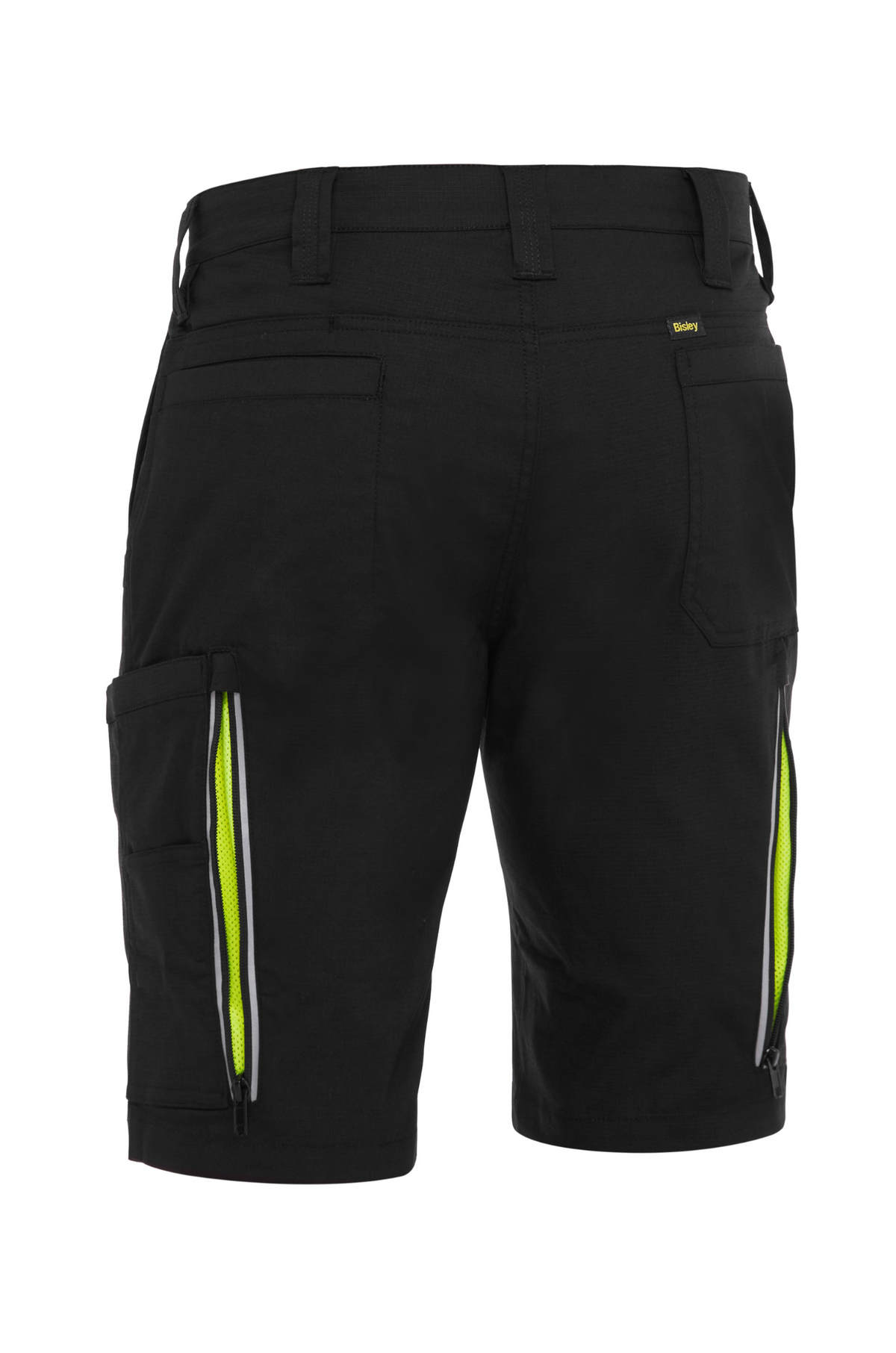 The Bisley X Airflow Stretch Ripstop Vented Cargo Short is designed in black with multiple pockets and bright yellow-green zipper accents. It features reflective zip leg ventilation and belt loops, making it perfect for outdoor or casual wear.