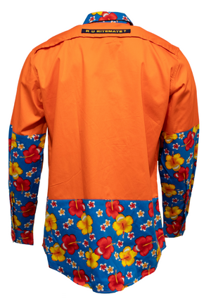 The Ritemate R U Hi Vis Vented Open Front Light Weight Shirt is a vibrant long sleeve cotton twill shirt with an orange upper and collar, blue sleeves and lower back, a floral pattern, and a black and yellow collar label.