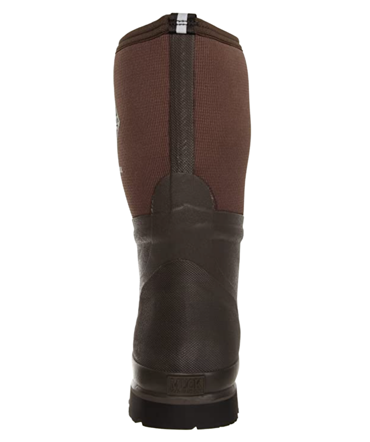 The Muck Boot Chore Cool Steel Toe is a single brown and black waterproof rubber boot with a high shaft, featuring a sturdy sole and textured upper for durability. It appears insulated and includes a steel toe, making it ideal safety footwear for outdoor use.