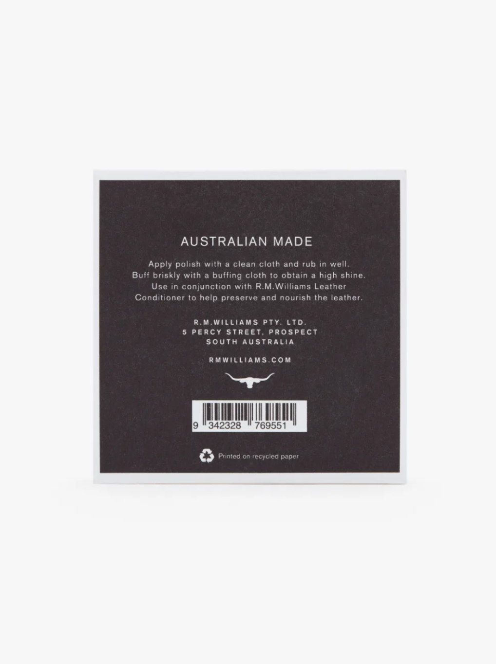AUSTRALIAN MADE. Apply RM Williams Stockmans Boot Polish with a clean cloth and rub in well to restore color and shine. Buff briskly with a buffing cloth to achieve a high shine. Use in conjunction with R.M. Williams Leather Conditioner for best results. Alcohol-free formula. R.M. WILLIAMS PTY. LTD., Prospect, South Australia.
