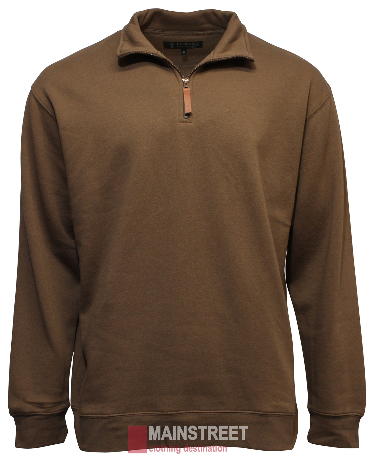 The Pilbara Classic Fleece Pullover is a brown quarter-zip with a leather zipper pull, shown on a white background. It has a high collar, long sleeves, and cozy fleece lining. A faint label at the bottom reads "MAINSTREET clothing destination.