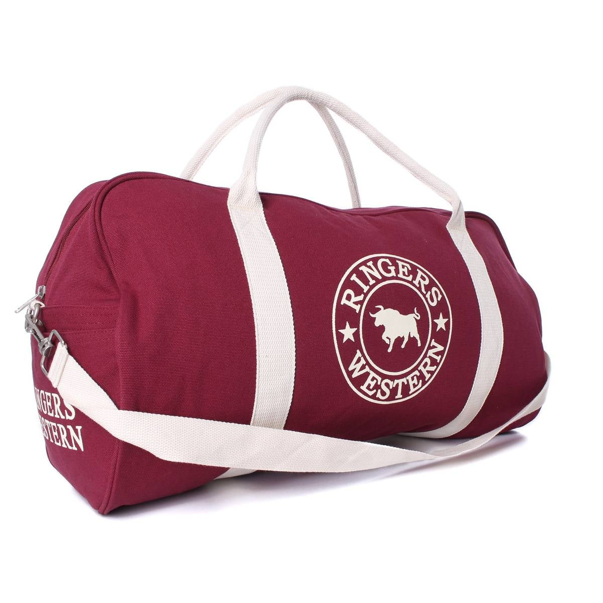 A maroon Ringers Western Gundagai Duffle with white handles and straps, crafted from durable cotton canvas. The bag features a white logo with a bull and the text "Ringers Western." The exterior also displays the text "Ringers Western" on the side panel.