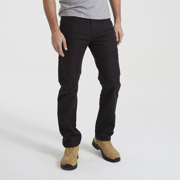A person is standing against a plain white background, wearing a light gray T-shirt, Levis Workwear 505 Utility Pants in black, and tan work boots. Their arms are relaxed at their sides, and their face is not visible in the image.