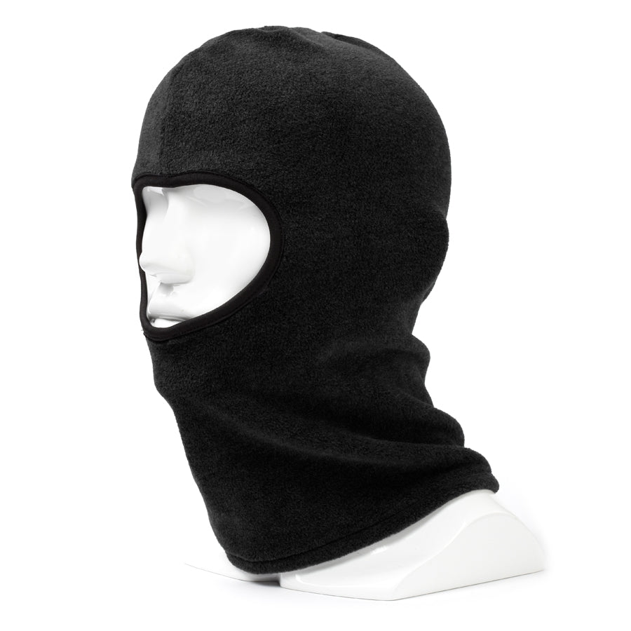 Displaying the Rainbird Freeze Balaclava on a white mannequin head, this black balaclava is crafted from polyester fleece. It completely envelops the head and neck, leaving openings for the eyes, nose, and mouth. The anti-pill fabric is soft and insulated, making it ideal for cold weather conditions.