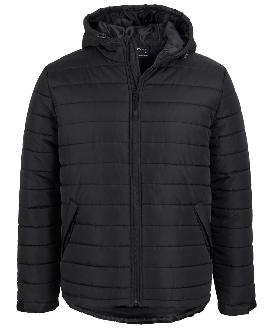 The JBs Hooded Puffer Jacket in black, with horizontal stitching and cozy polyester fill, features a zipper closure and side pockets. Its hooded design is stylishly set against a white background.