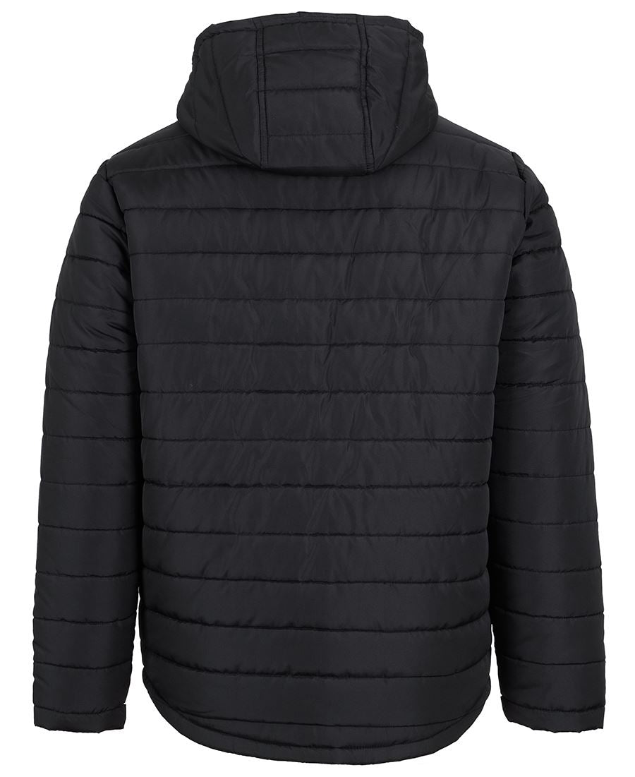 The JBs Hooded Puffer Jacket, seen from the back in black, showcases horizontal stitching, long sleeves, and a warm polyester fill for ultimate comfort.