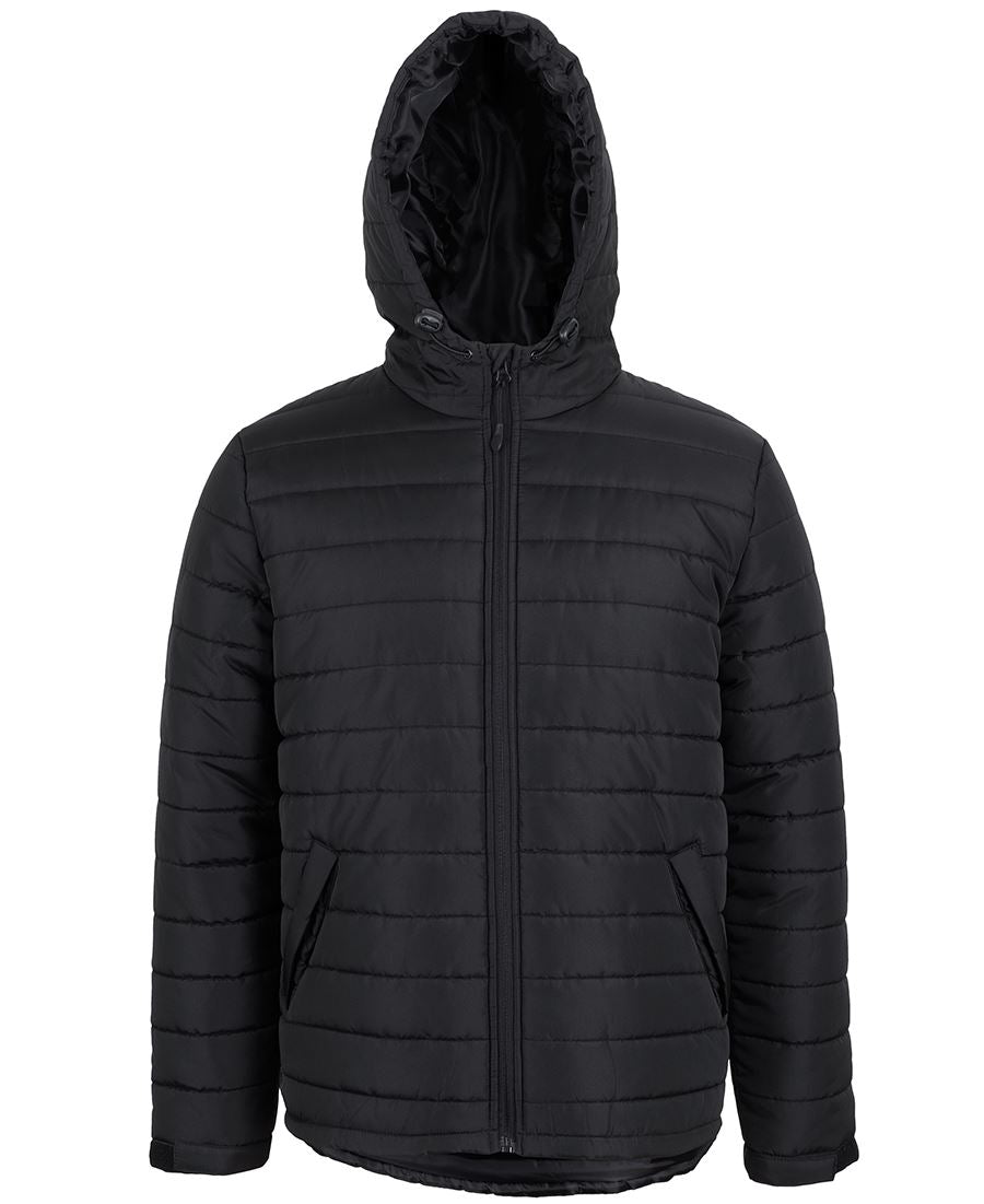 The JBs Hooded Puffer Jacket in black features a polyester fill, front zipper, and two side pockets. Its horizontal stitching and high collar add to its warm, insulated look—making it a stylish addition from JBs Wear.