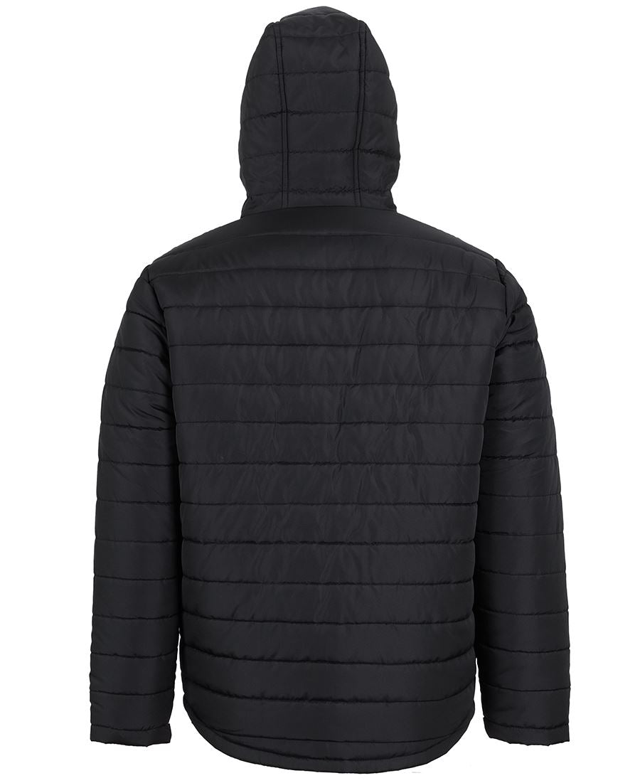 A rear view of a black JBs Hooded Puffer Jacket shows its quilted design, horizontal stitching, slightly curved hem, and hood. Made with lightweight material and polyester fill, it's perfect for cool weather.