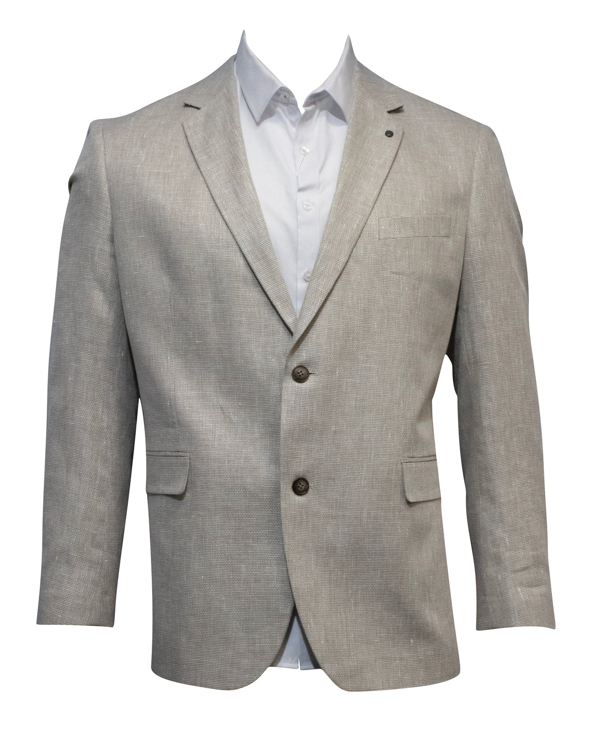 The Daniel Hechter Parker Buggy Blazer, a modern fit gray blazer with a subtle texture, is showcased on a white background. It has two buttons, notch lapels, and two front flap pockets, paired with a white collared shirt for an effortlessly stylish look.