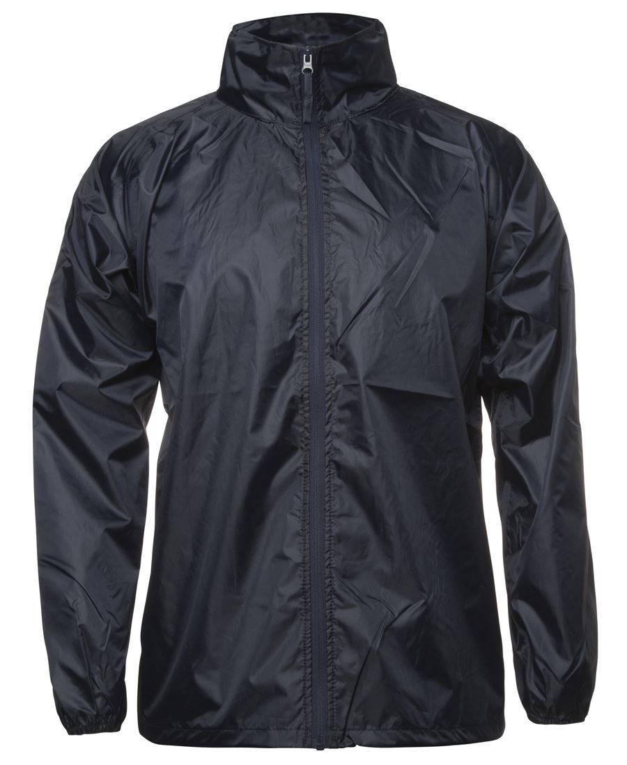 The JBs Rain Forest Jacket, a black, long-sleeved windbreaker with a zip-up front and high collar, is displayed on a white background. The shiny and lightweight polyester taffeta material emphasizes its sleek appearance. An adjustable hem ensures a snug fit, making it both stylish and practical.