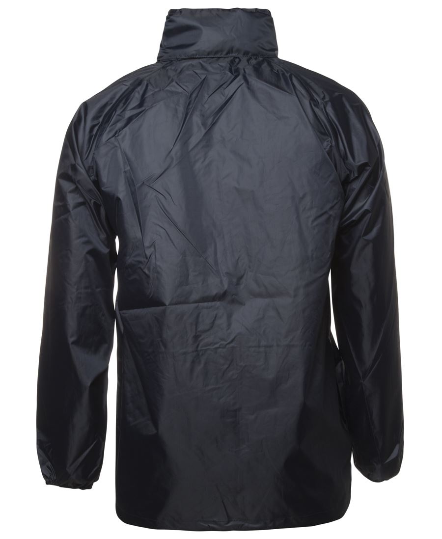 A back view of the JBs Rain Forest Jacket, showcasing its black, long-sleeved waterproof design with a high collar. The material appears to be shiny polyester taffeta, indicating wind resistance. Featuring a simple and plain design without any visible logos or patterns, the jacket includes an adjustable hem for a customized fit.