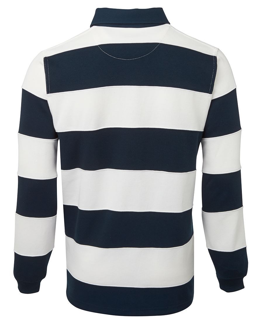 Back view of the JBs Striped Rugby long-sleeve shirt showcasing broad horizontal stripes in alternating navy blue and white. This stylish jumper features a polo-style collar and ribbed cuffs, making it perfect for staying comfortable.