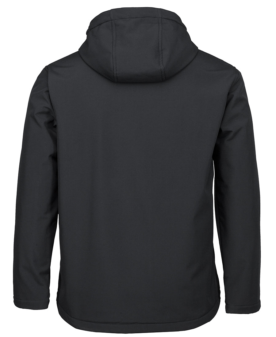 The JBs Softshell Hooded Jacket, shown from the back, features a black, long-sleeved design. Its sleek appearance is free of visible logos or markings. Crafted from smooth and durable material, this jacket offers a slightly fitted cut that ensures both style and breathability across various weather conditions.