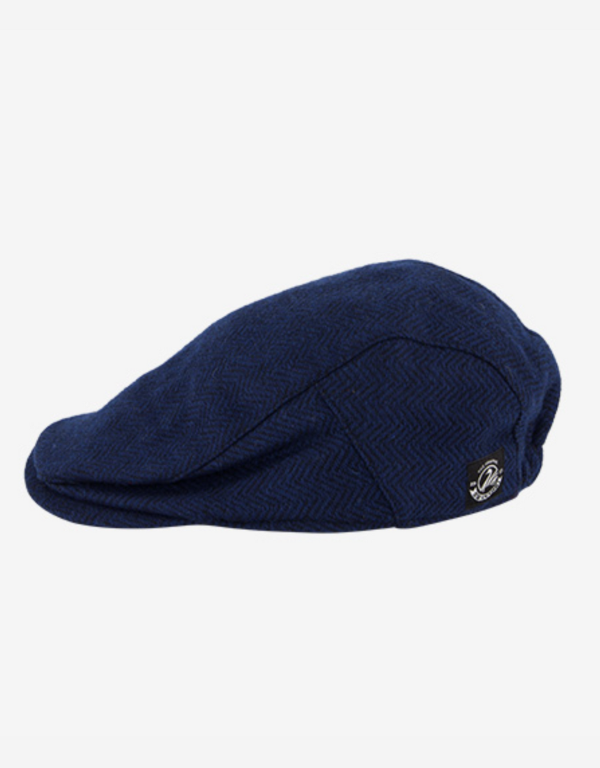 The Swanndri Bristol Flat Cap in blue herringbone, made from quality wool, features a small round black and silver logo pin on the side and is shown on a plain white background.