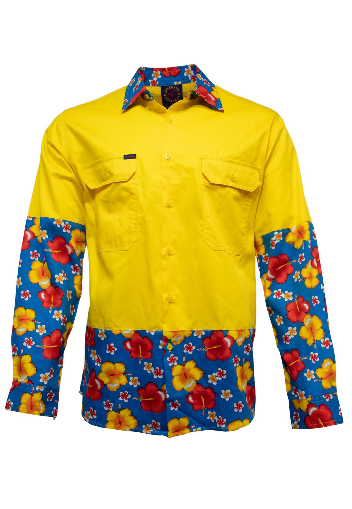 The Ritemate R U Hi Vis Vented Open Front Light Weight Shirt is a vibrant long sleeve cotton twill shirt in bright yellow and blue with red, yellow, and white hibiscus flowers adorning the design.