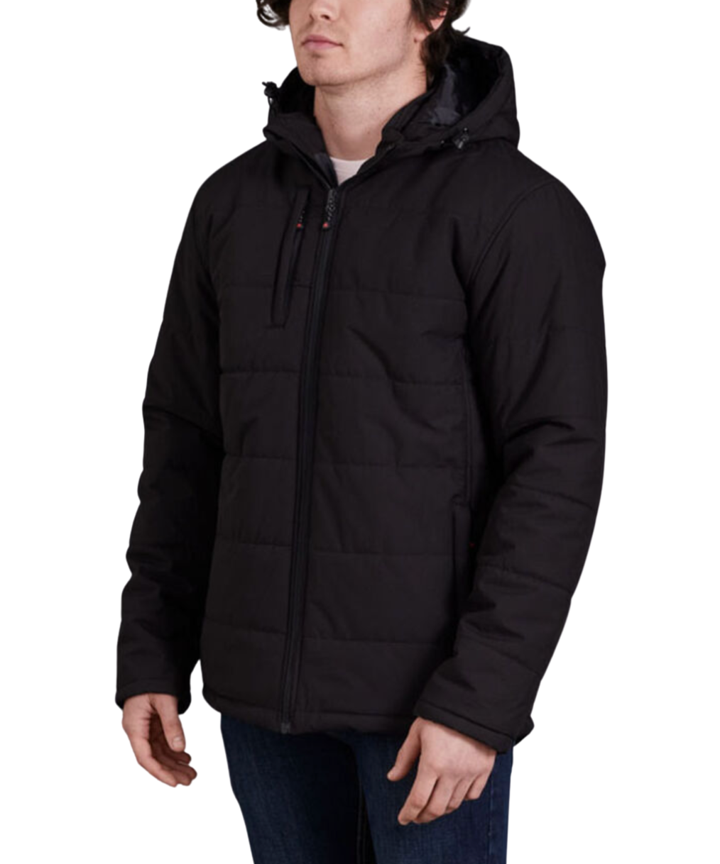 A person wearing a King Gee Puffer Jacket, black, hooded, and water-repellent, with a front zipper and horizontal quilting, paired with blue jeans. Their hands rest relaxed by their sides against the white background.