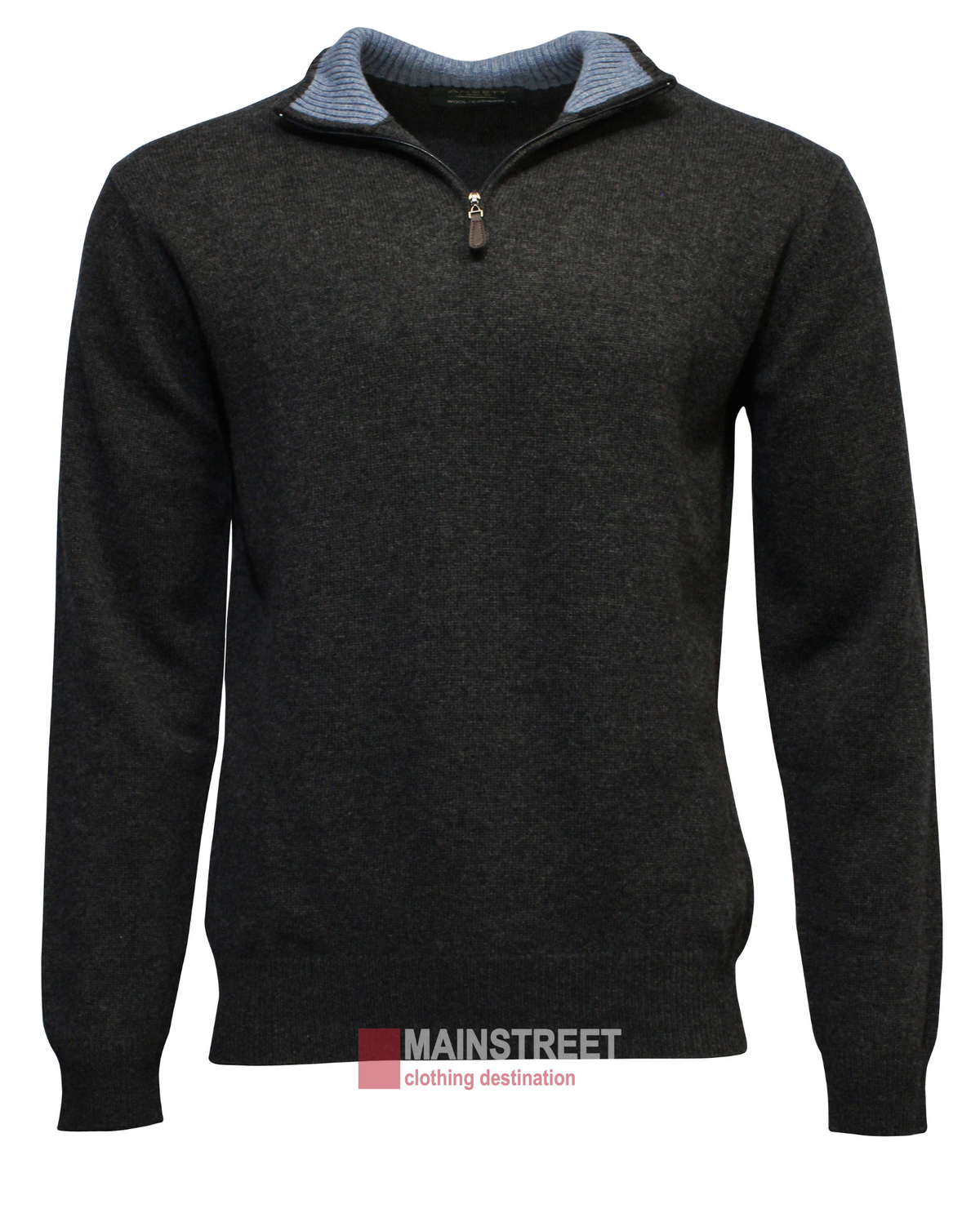 The Ansett Gold Luxury Wool Cashmere Half Zip Knit is a dark gray wool sweater with a light blue inner lining and a quarter-zip neckline, shown on a plain white background with a small partial logo at the bottom.