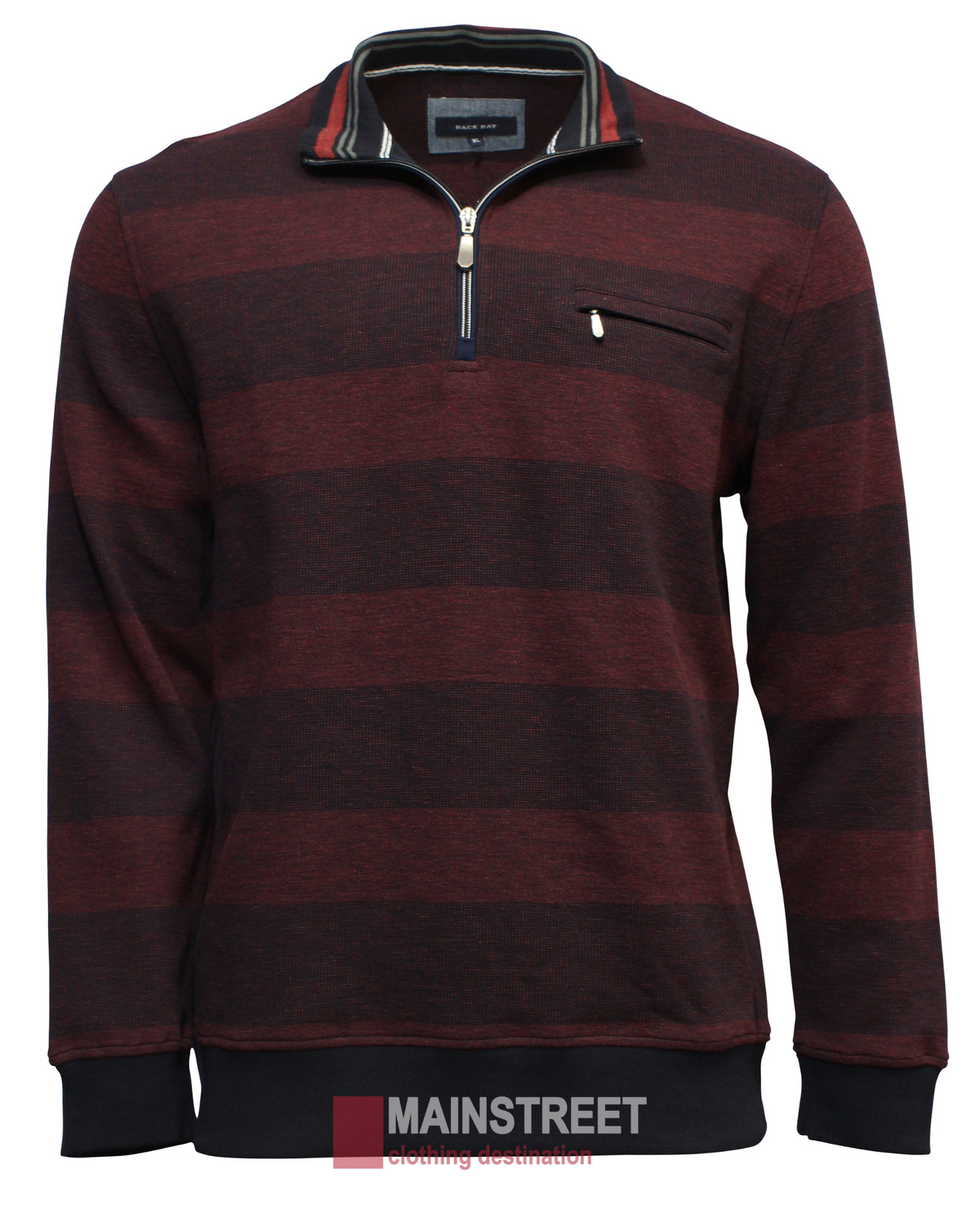 The Back Bay Block Stripe Birdseye Fleece is a maroon and dark gray striped jumper featuring a high collar, half-zip design, and zippered left chest pocket. It is crafted from a cotton/polyester blend, with the brand "MAINSTREET" at the bottom.
