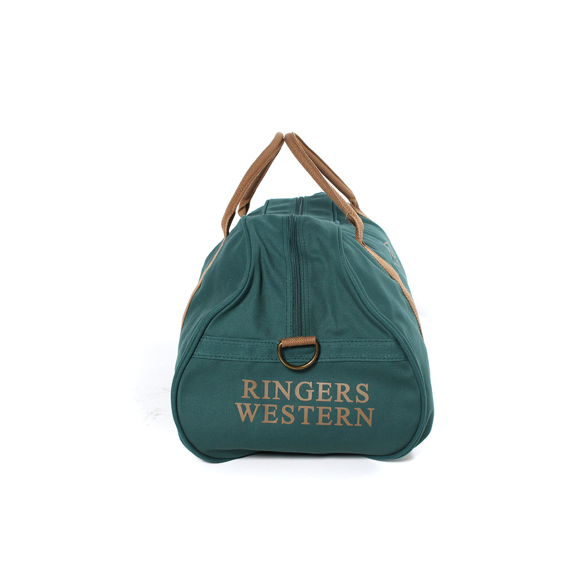 A side view of the Ringers Western Gundagai Duffle shows a green cotton canvas bag with brown handles. The words "RINGERS WESTERN" are printed in beige on one end, with a metal ring positioned above the text. The duffle bag is set against a white background.