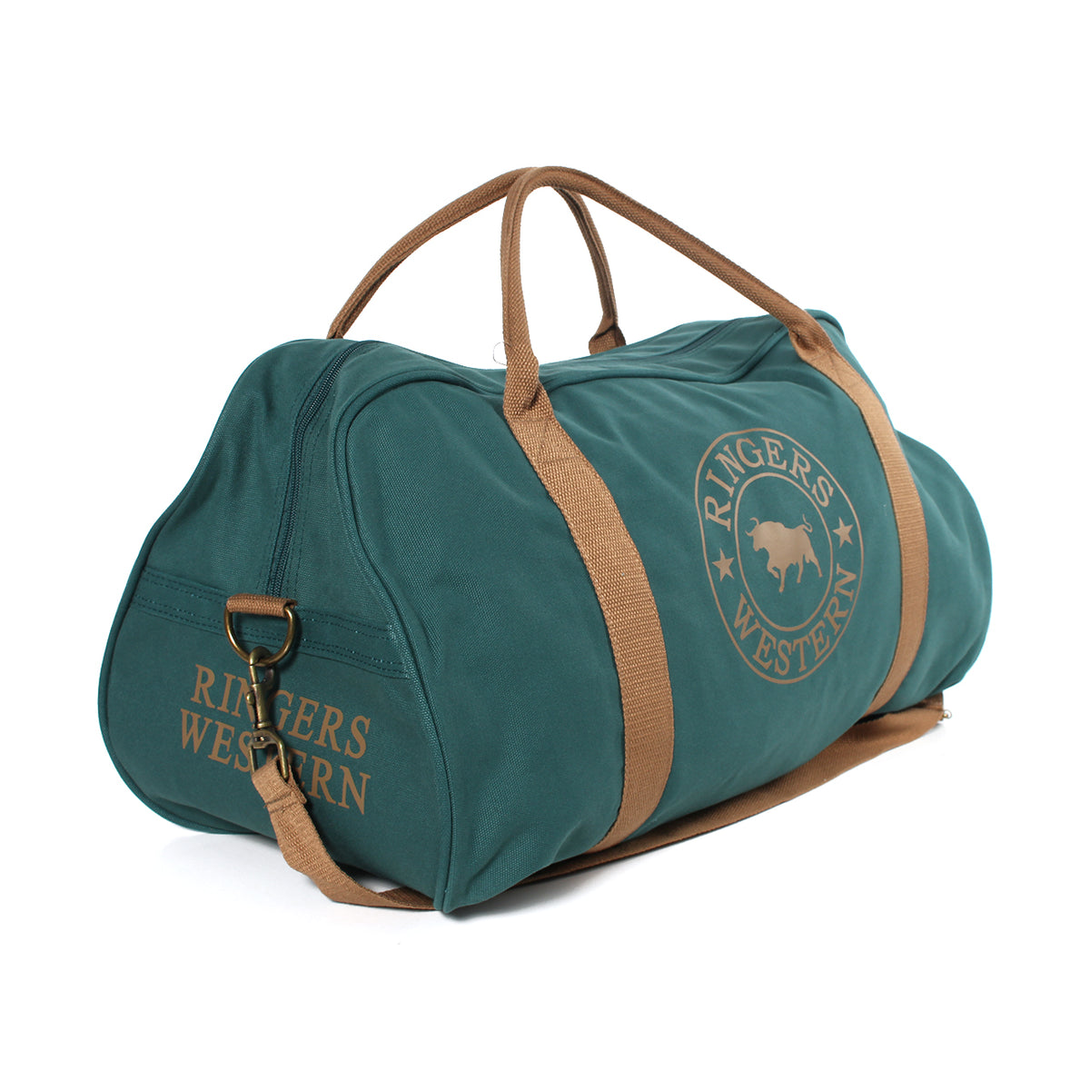The Ringers Western Gundagai Duffle is a green duffel bag with beige handles and straps, crafted from durable cotton canvas. It features the "Ringers Western" logo and text in beige on the side and end. The elongated shape provides ample storage while maintaining a rugged, stylish look perfect for any adventure.