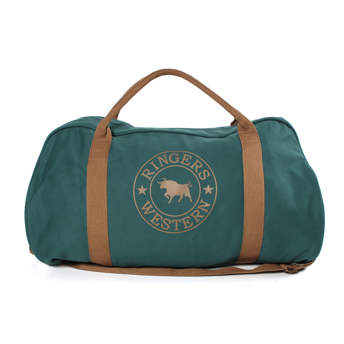 The Ringers Western Gundagai Duffle is a cotton canvas bag featuring a green body with brown straps, a circular logo in the center with a bull silhouette, and includes both a top handle and an adjustable shoulder strap.