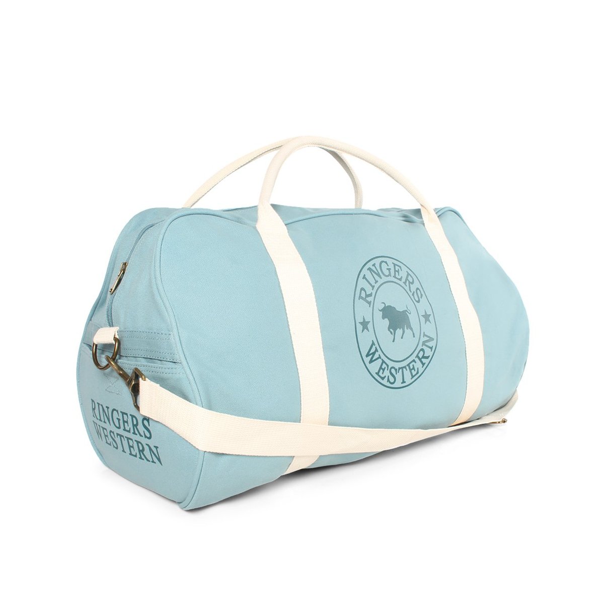 The Ringers Western Gundagai Duffle is a light blue duffle bag made from durable cotton canvas. It has white straps and "Ringers Western" printed in dark blue on the side and end. The bag features a circular logo with a bull in the center and includes both hand straps and a shoulder strap for versatile carrying options.