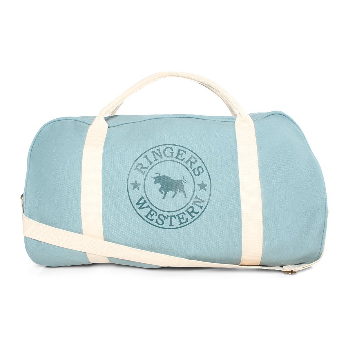 The Ringers Western Gundagai Duffle is a light blue cotton canvas bag featuring off-white handles and a diagonal shoulder strap. The front is adorned with a circular logo displaying a bull and the text "Ringers Western.