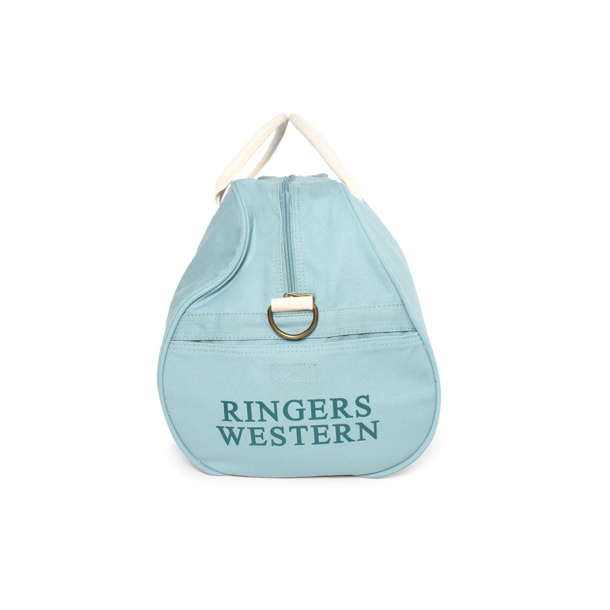 The Ringers Western Gundagai Duffle is a light blue cotton canvas bag with white handles, showcasing the brand name "RINGERS WESTERN" in dark blue text on one side. It features a front zipper pocket, a ring detail, and a zip closure at the top.
