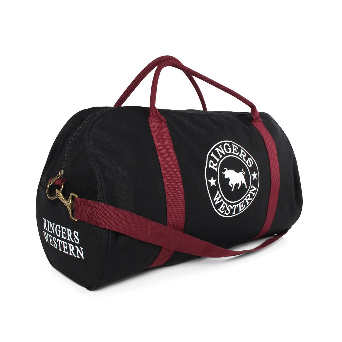 The Ringers Western Gundagai Duffle is a black cotton canvas duffel bag featuring maroon straps and a circular logo with the text "Ringers Western" and a bull image in the center. It includes a shoulder strap attached with a gold clip and has the brand name printed on one end of the bag.