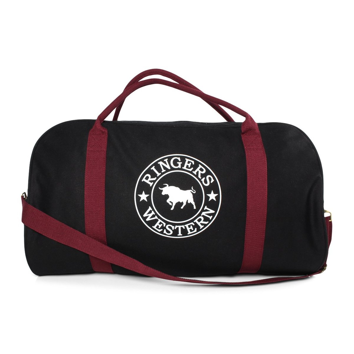 Introducing the Ringers Western Gundagai Duffle, a stylish black cotton canvas duffel bag adorned with maroon handles and a shoulder strap. This exquisite bag showcases a round white logo on one side featuring the text "Ringers Western" alongside an image of a steer.