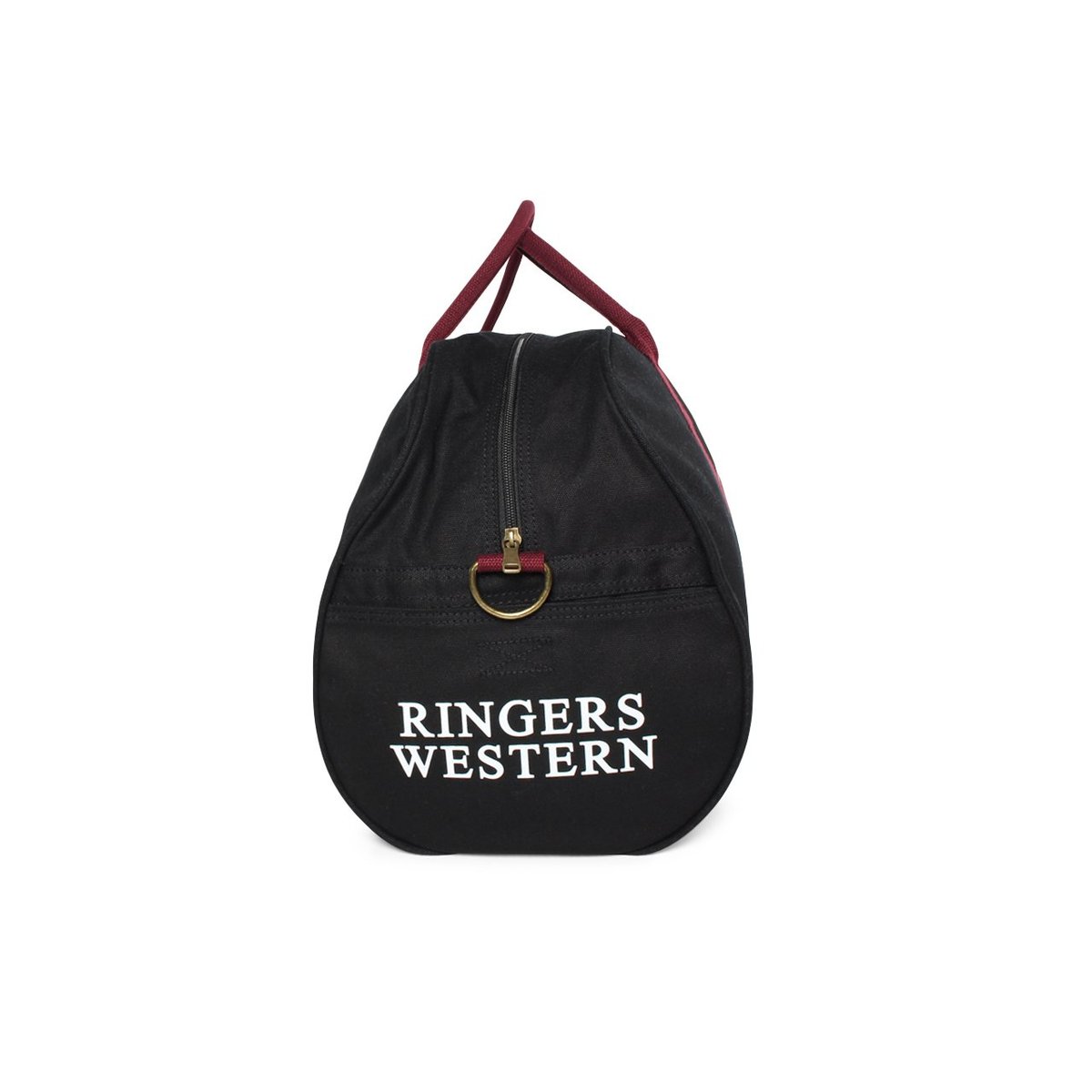 The Ringers Western Gundagai Duffle is a stylish black duffle bag featuring a red handle and zipper, crafted from durable cotton canvas. The brand name "Ringers Western" is prominently printed in white text on the front.
