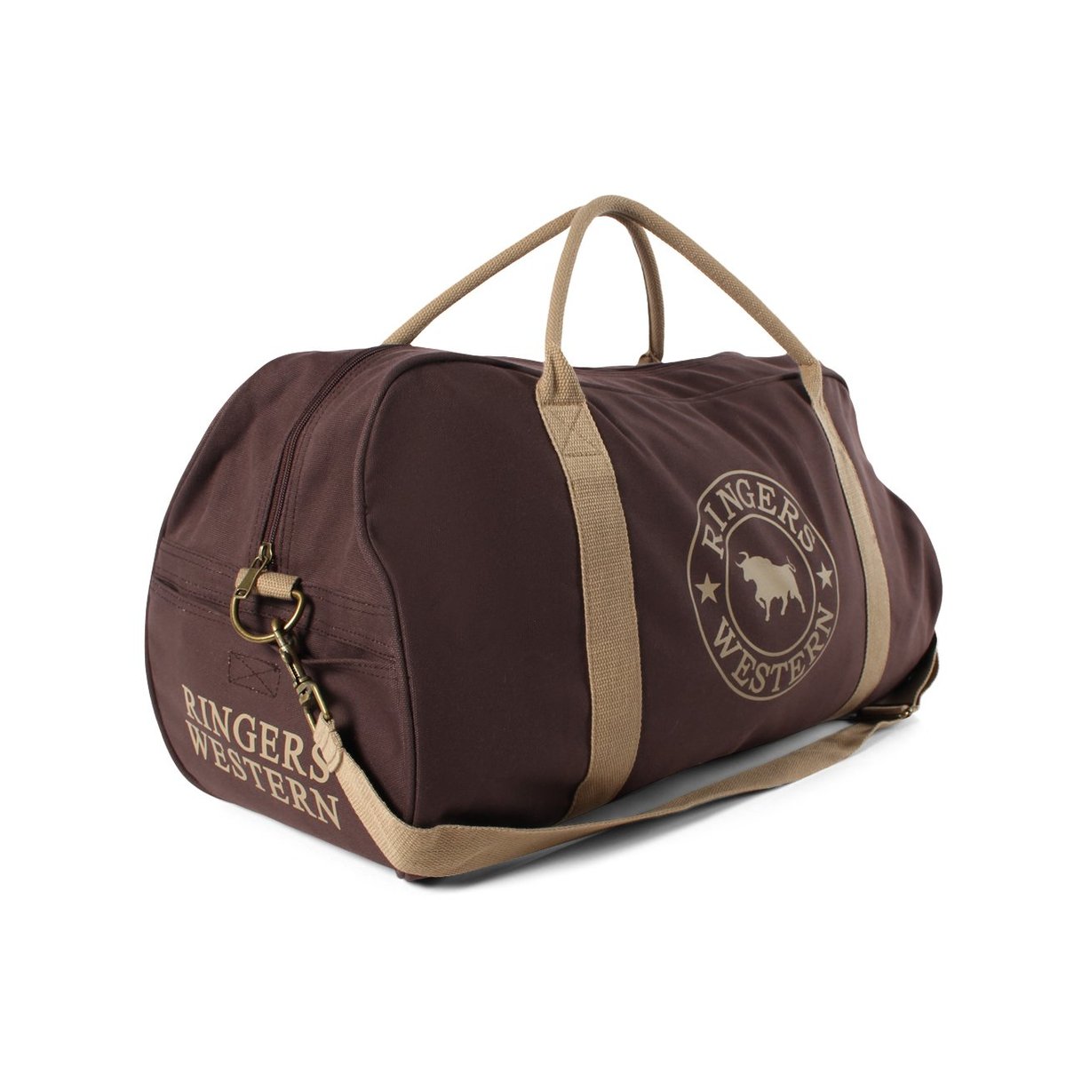 The Ringers Western Gundagai Duffle, featuring a large, brown cotton canvas body with tan handles and shoulder strap, is shown. The bag displays the "Ringers Western" logo and text in light tan on the side. It has a rounded shape and a zippered closure.
