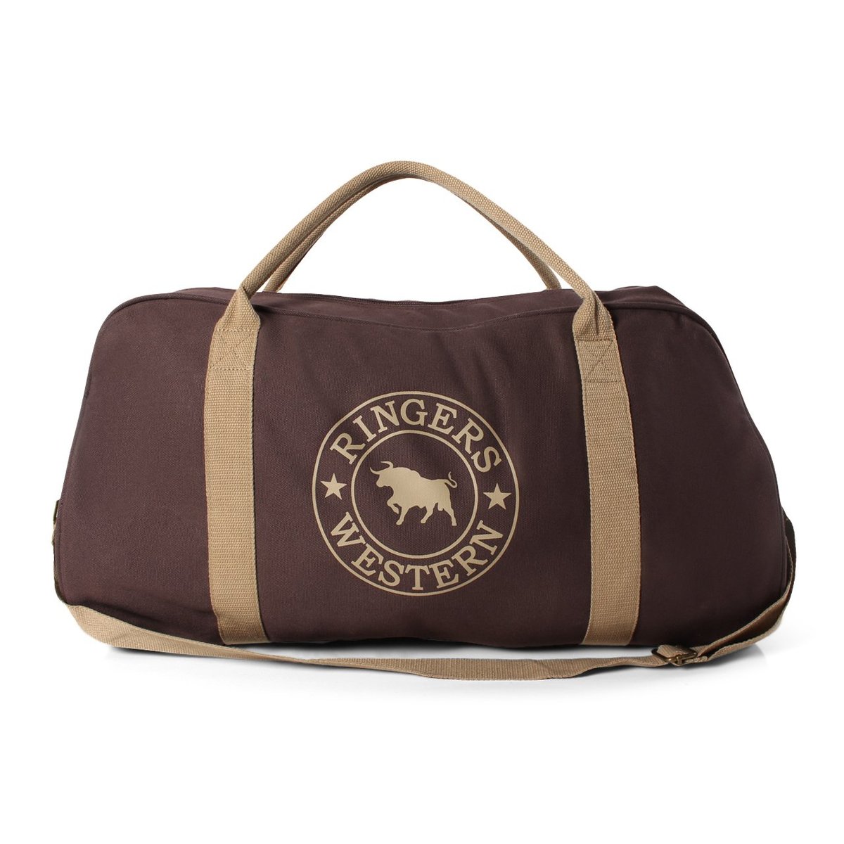 The Ringers Western Gundagai Duffle is a large brown cotton canvas duffle bag featuring beige handles and a shoulder strap. It is adorned with a circular logo depicting a bull in the center, surrounded by the text "Ringers Western.