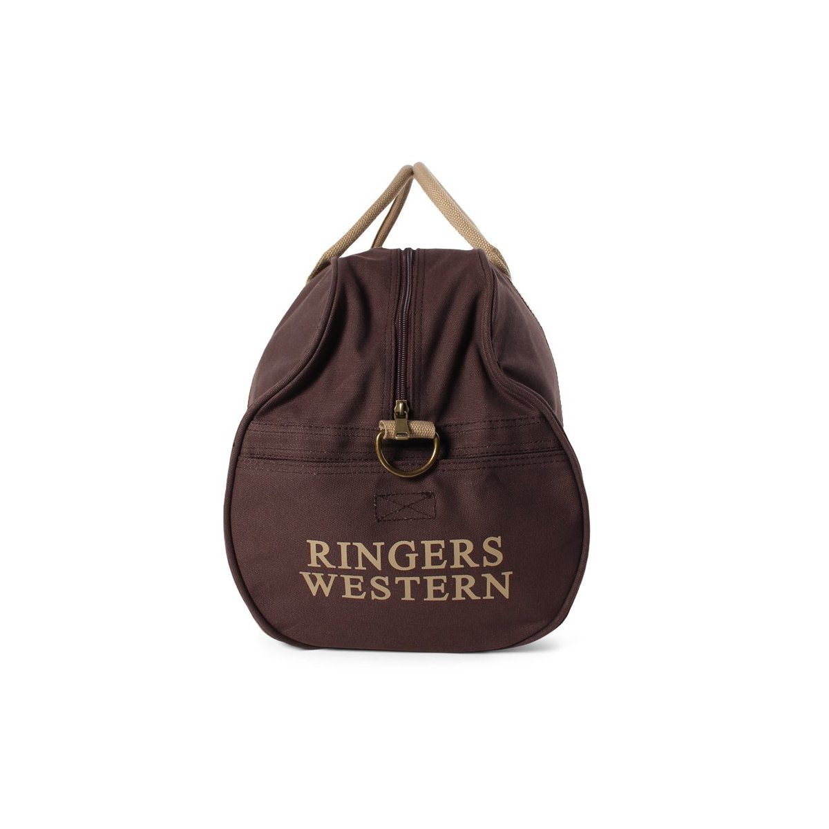 The Ringers Western Gundagai Duffle is a brown cotton canvas duffel bag featuring beige handles and a top zipper. The front of the bag prominently displays "RINGERS WESTERN" printed in large beige letters. Additionally, it includes a D-ring attachment below the zipper for versatile use. The background is white.