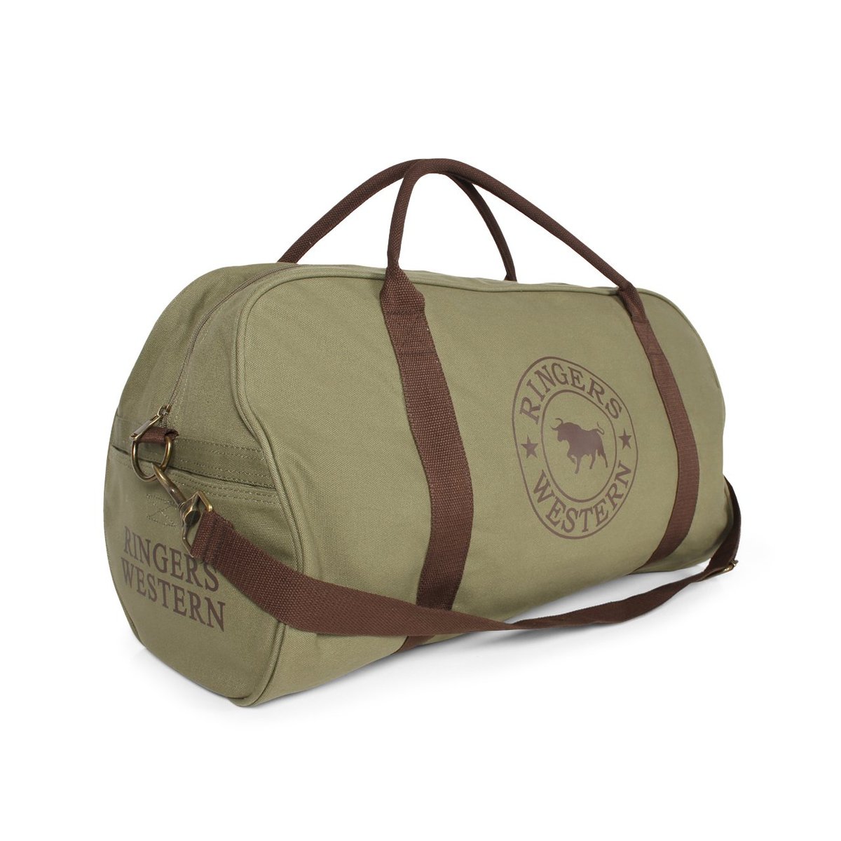 The Ringers Western Gundagai Duffle, an olive green cotton canvas duffel bag with brown handles and a matching shoulder strap, features the "Ringers Western" logo and a bull image on its side. It includes a zippered main compartment and two smaller side pockets, perfect for all your travel needs.