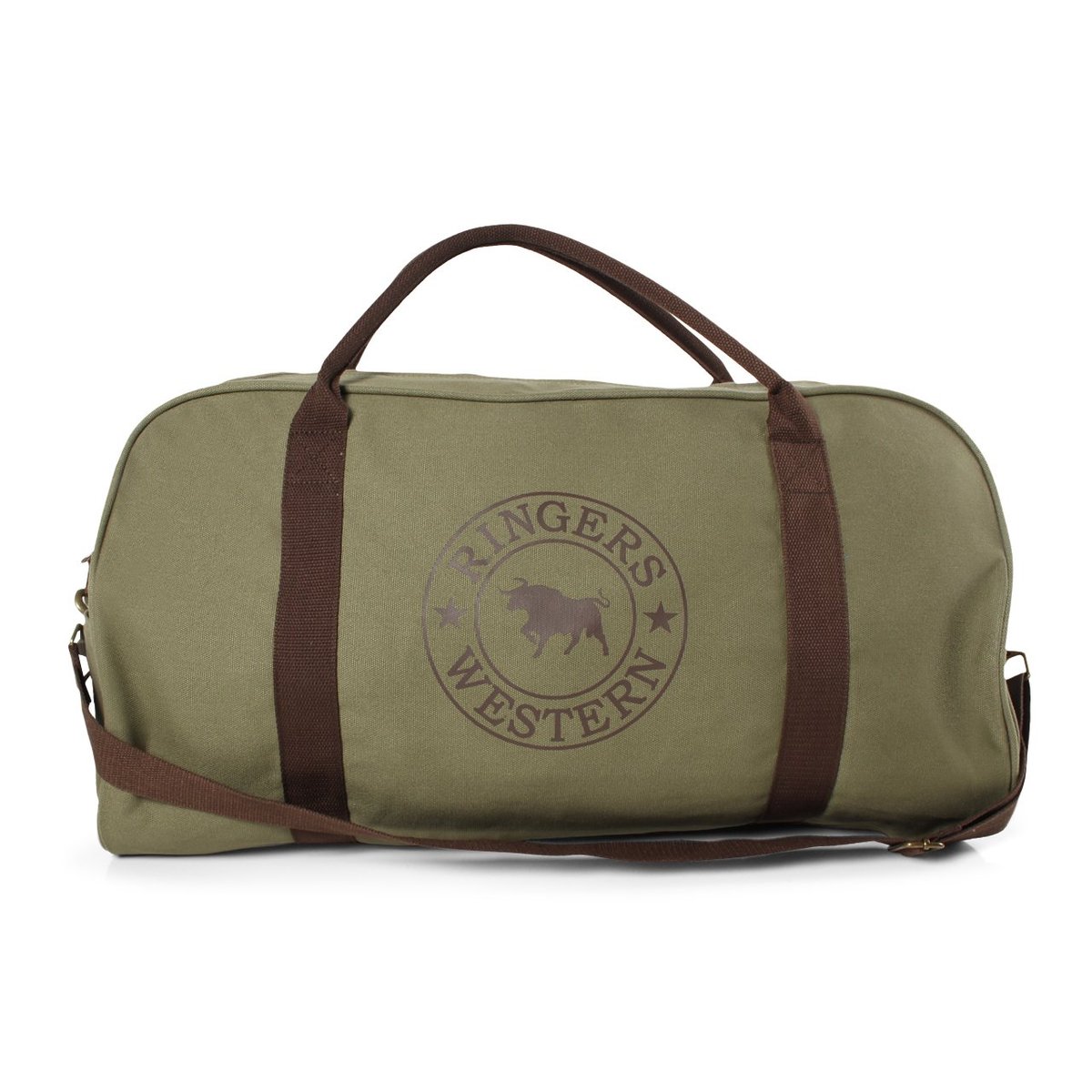 This is the Ringers Western Gundagai Duffle, a green cotton canvas duffel bag with brown handles and a shoulder strap, featuring the "Ringers Western" logo with a silhouette of a bull surrounded by the text "Ringers Western" and two stars.