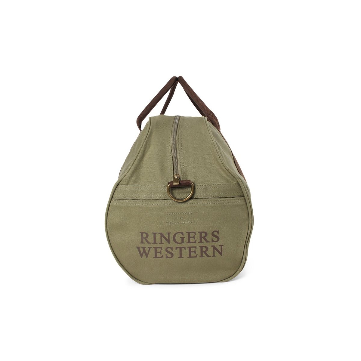 The Ringers Western Gundagai Duffle is a cotton canvas bag with brown handles and a zipper closure. It features the text "RINGERS WESTERN" printed in brown on one side, along with a D-ring attached to a strap on the front. The background is white.