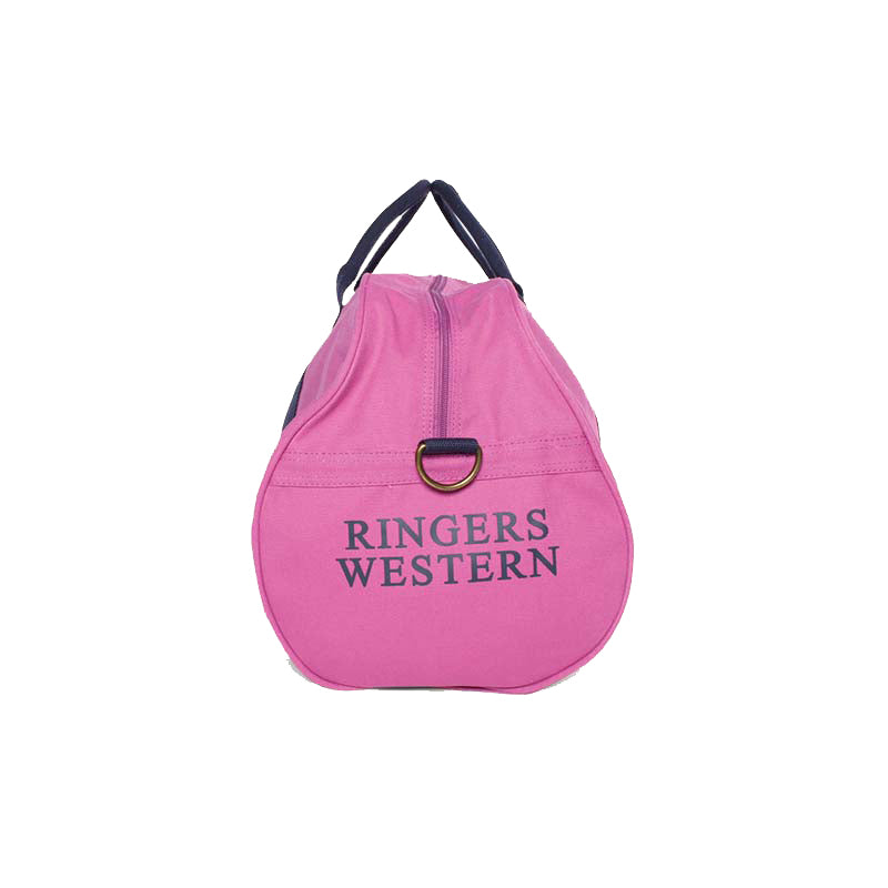 The Ringers Western Gundagai Duffle is a vibrant pink duffle bag crafted from durable cotton canvas, featuring "Ringers Western" text printed in bold black on the front. It comes with sturdy black handles and a secure zipper closure at the top.